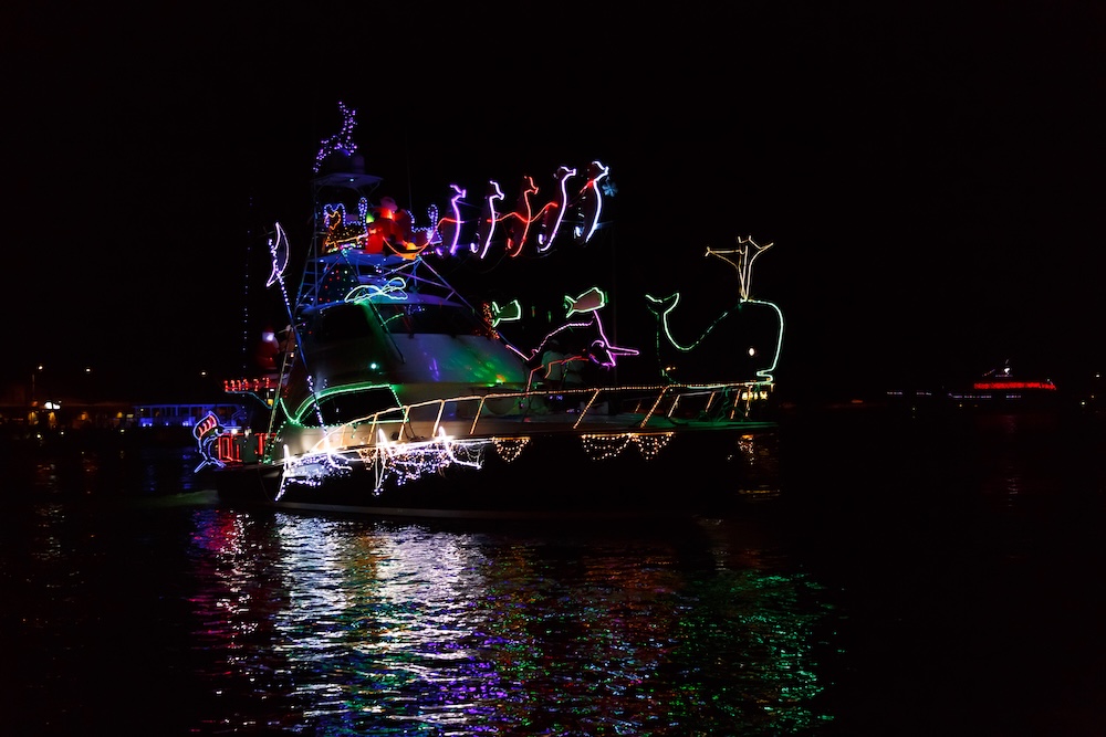 a boat lights up for christmas