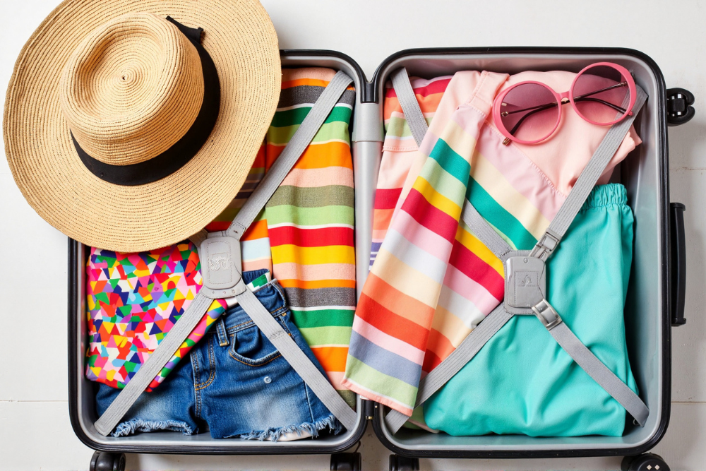 suitcase with colorful clothes and hat